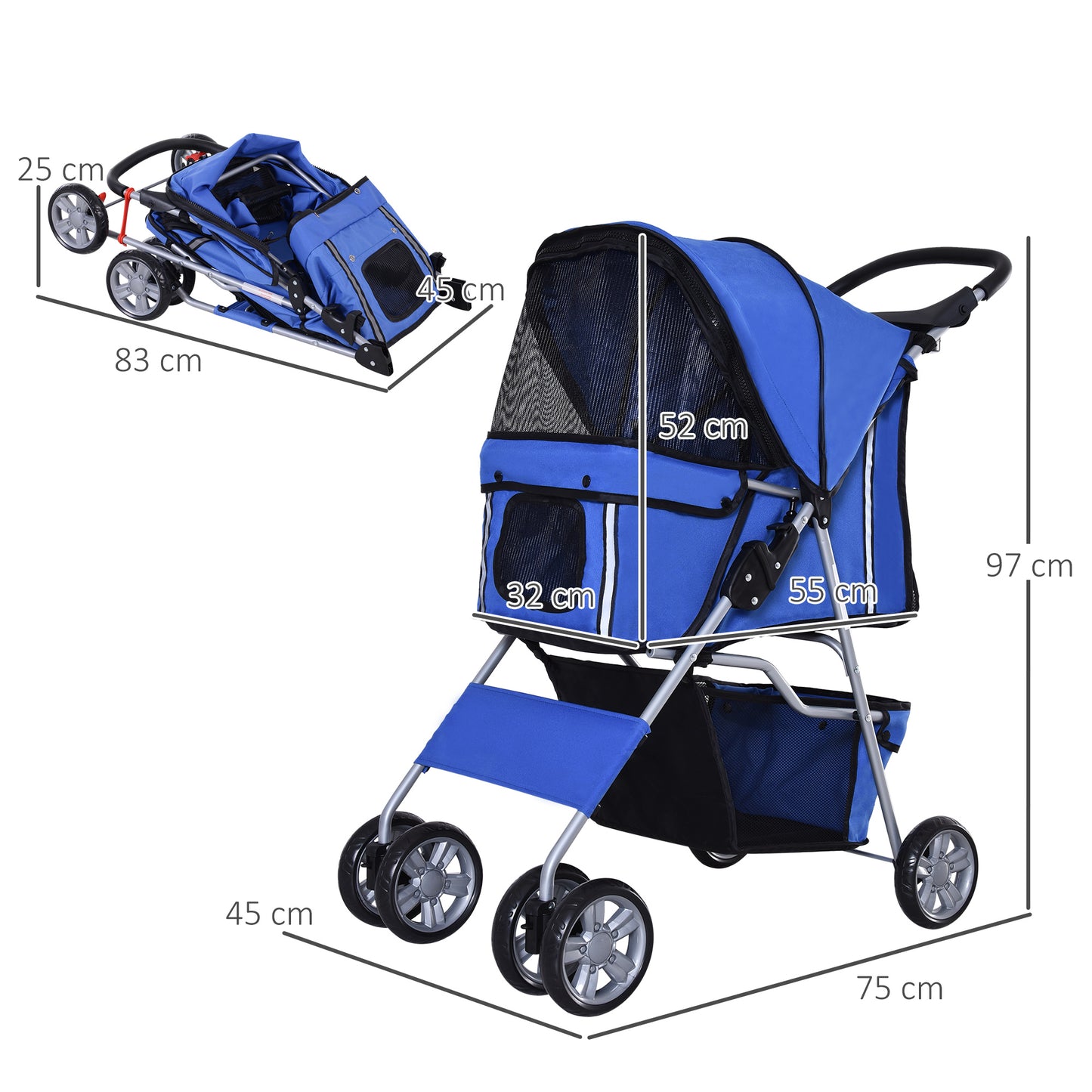 PawHut Hundewagen bis 10kg klappbar verstellbares Vordach 2 Becherhalter Bodenkorb Blau