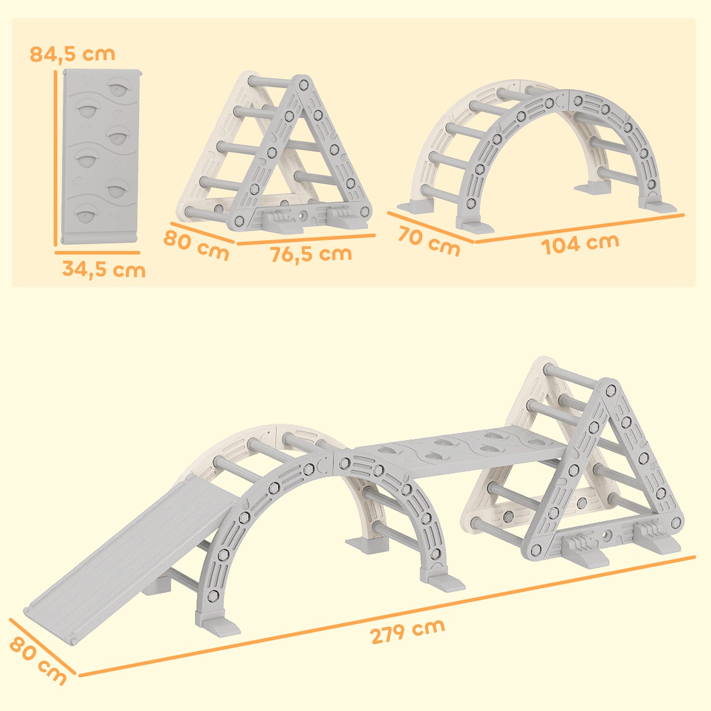 AIYAPLAY Klettergerüst Indoor, 5 in 1 Kletterdreieck mit Rutsche, Kletterbogen, inkl. doppelseitige Rampe, Spielplatz Indoor für Kinder 18-48 Monate, Grau+Weiß