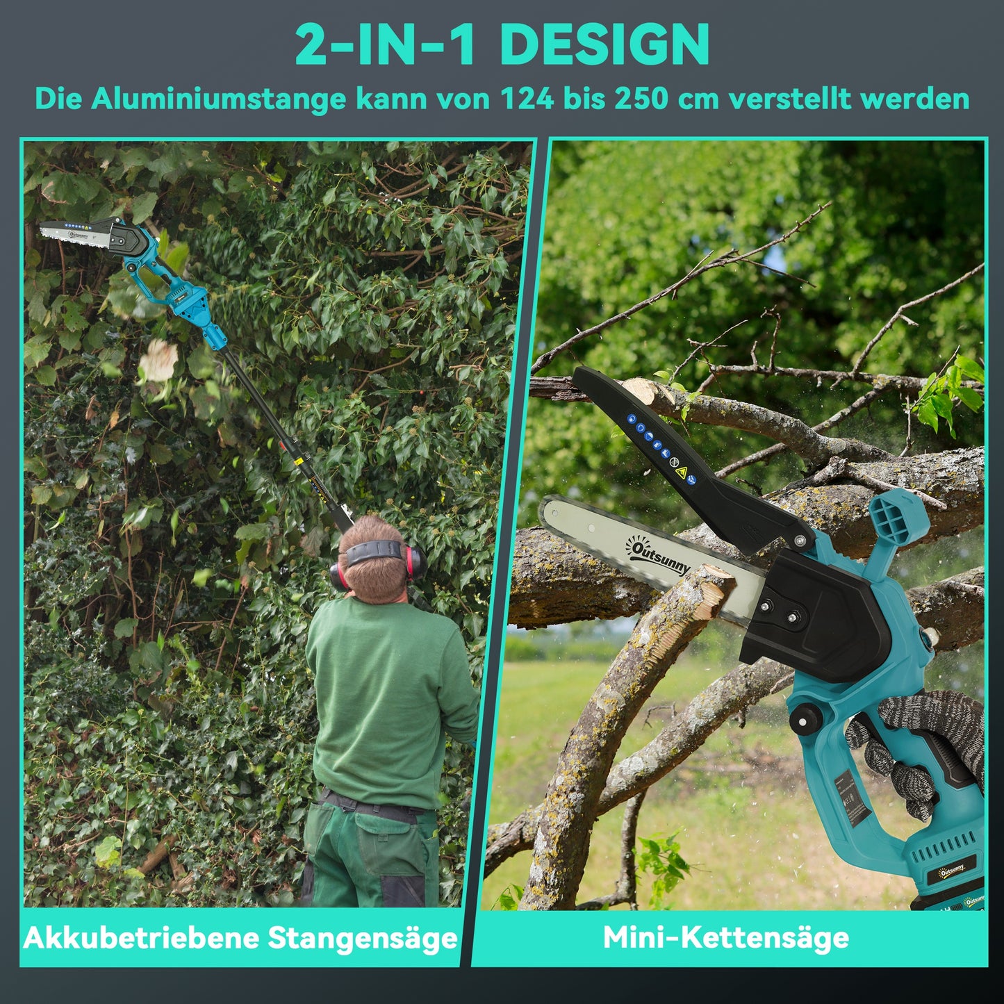 Outsunny 2-in-1 Mini Kettensäge 580W mit Akku 8000mAh Sicherheitsverriegelung 8 Zoll 42 x 29 x 10,5 cm Blau