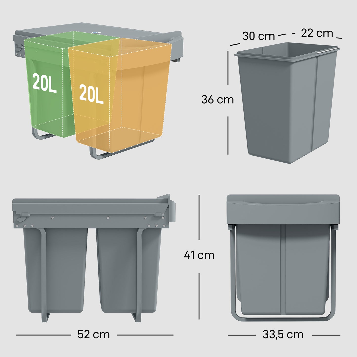 HOMCOM Ausziehbarer Mülleimer, 2 x 20 L, entnehmbare Behälter, Kunststoff, Metall, Grau