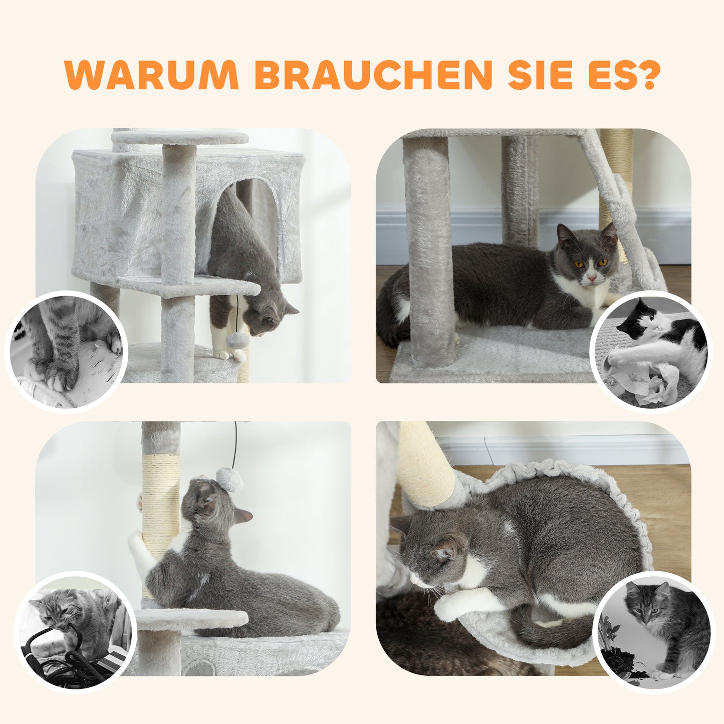 PawHut 160 cm Katzenkratzbaum, mehrere Ebenen, Sisal-Kratzpfosten, Höhlen, Plüsch-Plattformen, Hängematte, Leiter, Spielbälle