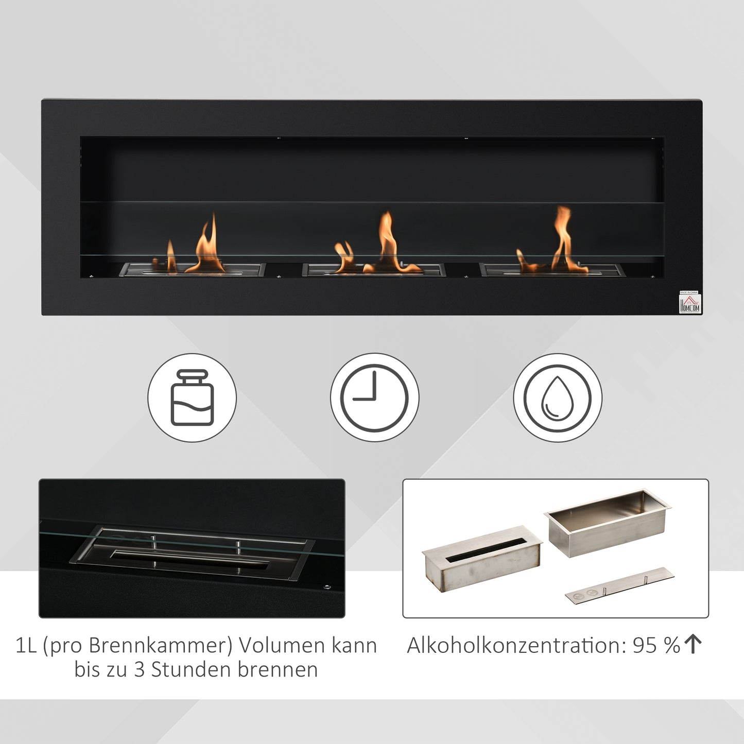 HOMCOM Ethanol-Kamin Bio-Ethanol-Brenner 3 Brennboxen 1L 3 Std. Brenndauer 2000W kein Rauch wandmontiert Stahl gehärtetes Glas Schwarz 120 x 15 x 40 cm