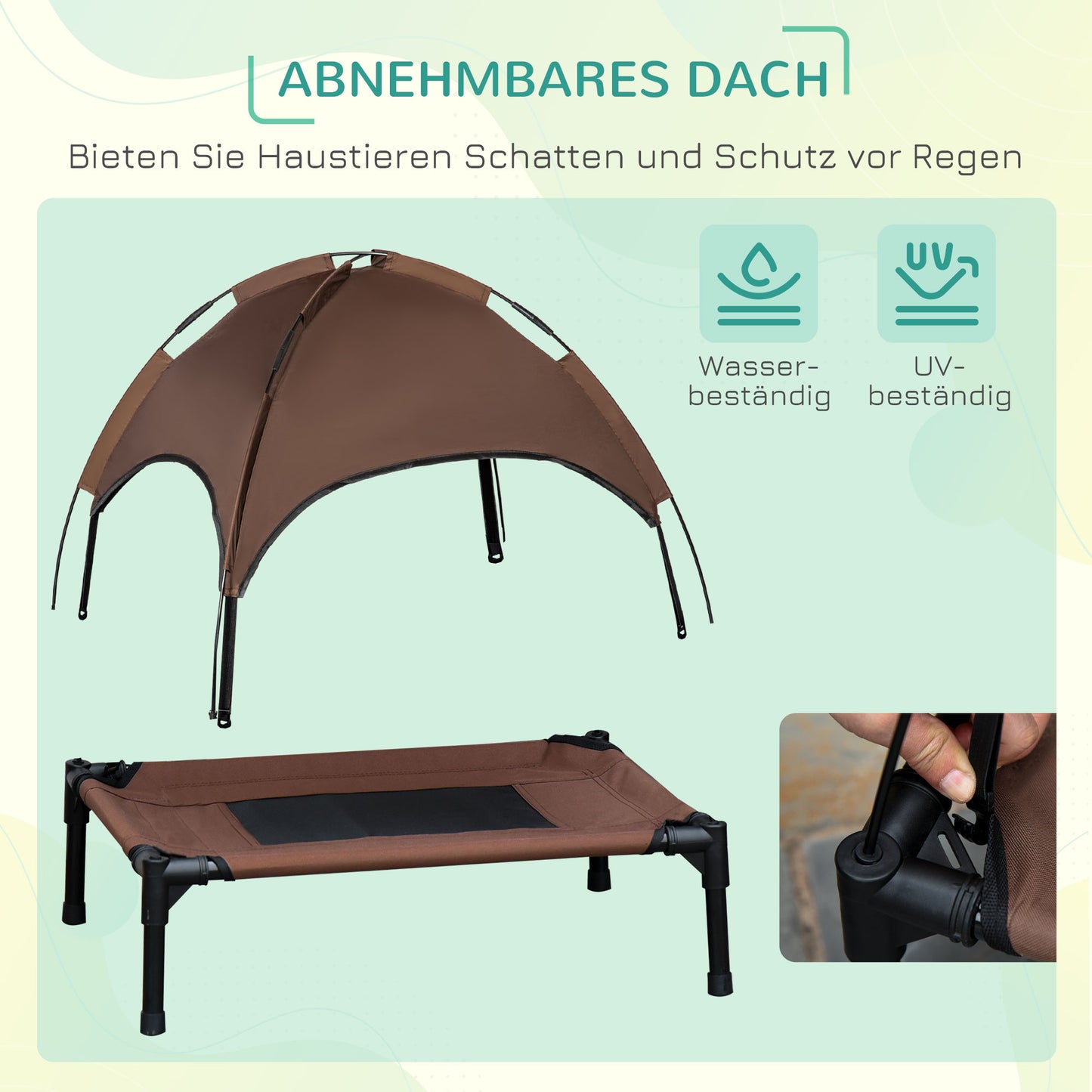 PawHut Erhöhtes Hundebett mit Baldachin, Haustierbett, Hundeliege outdoor mit Dach, Atmungsaktiv, Taftstoff für Camping Kaffee 76 x 61 x 73 cm