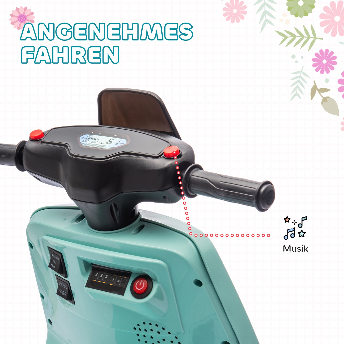 AIYAPLAY 6V Elektro-Motorrad für Kinder, mit Scheinwerfer und Musik, Vor- och Rückwärtsgang, Trainingsräder, 18-36 Monate, Grün