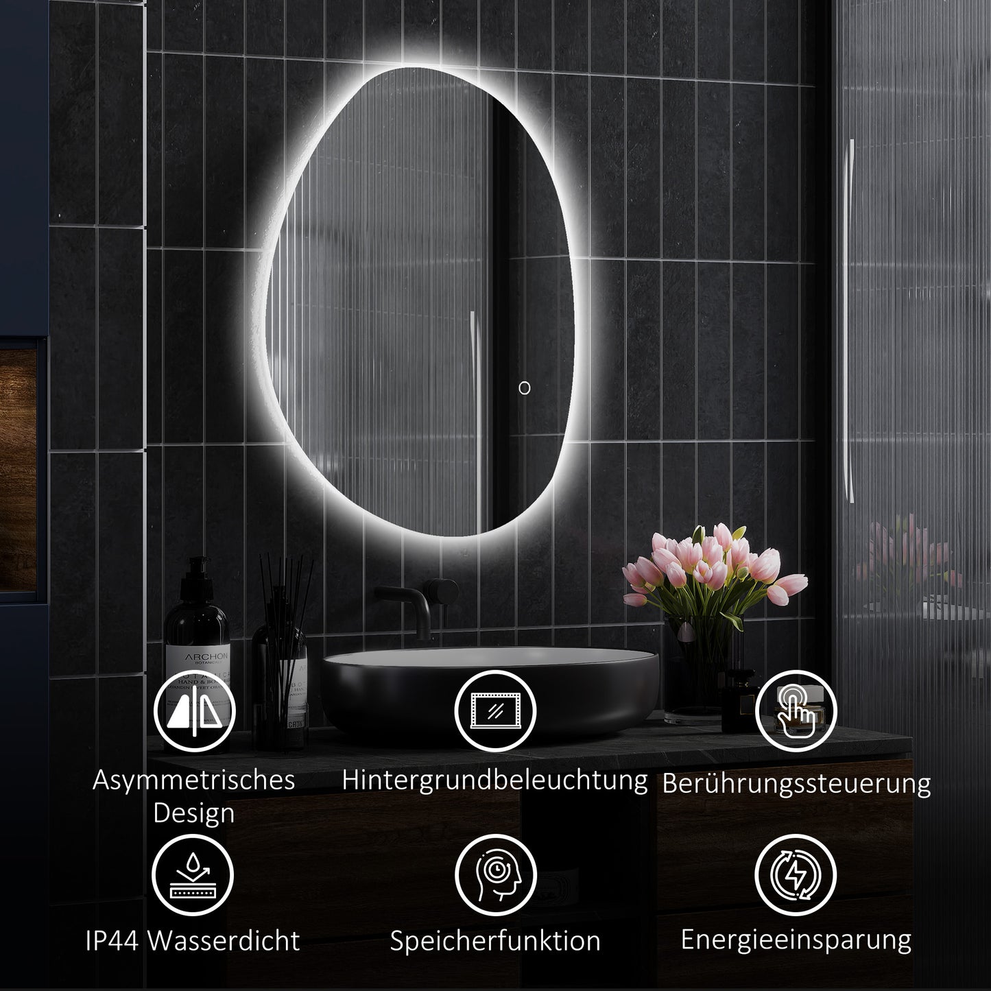HOMCOM 70 x 50 cm Asymmetrischer Badspiegel mit LED-Licht, Smart Touch Schalter, Anti-Beschlag-Funktion, Silber