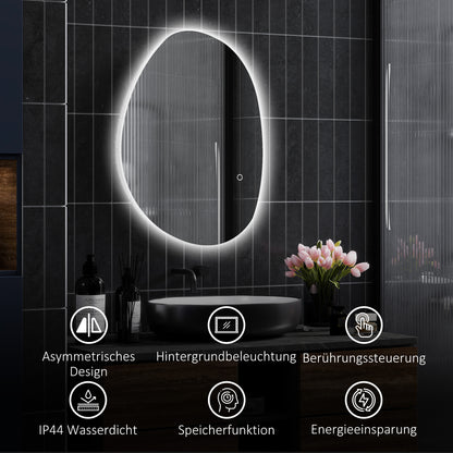 HOMCOM 70 x 50 cm Asymmetrischer Badspiegel mit LED-Licht, Smart Touch Schalter, Anti-Beschlag-Funktion, Silber