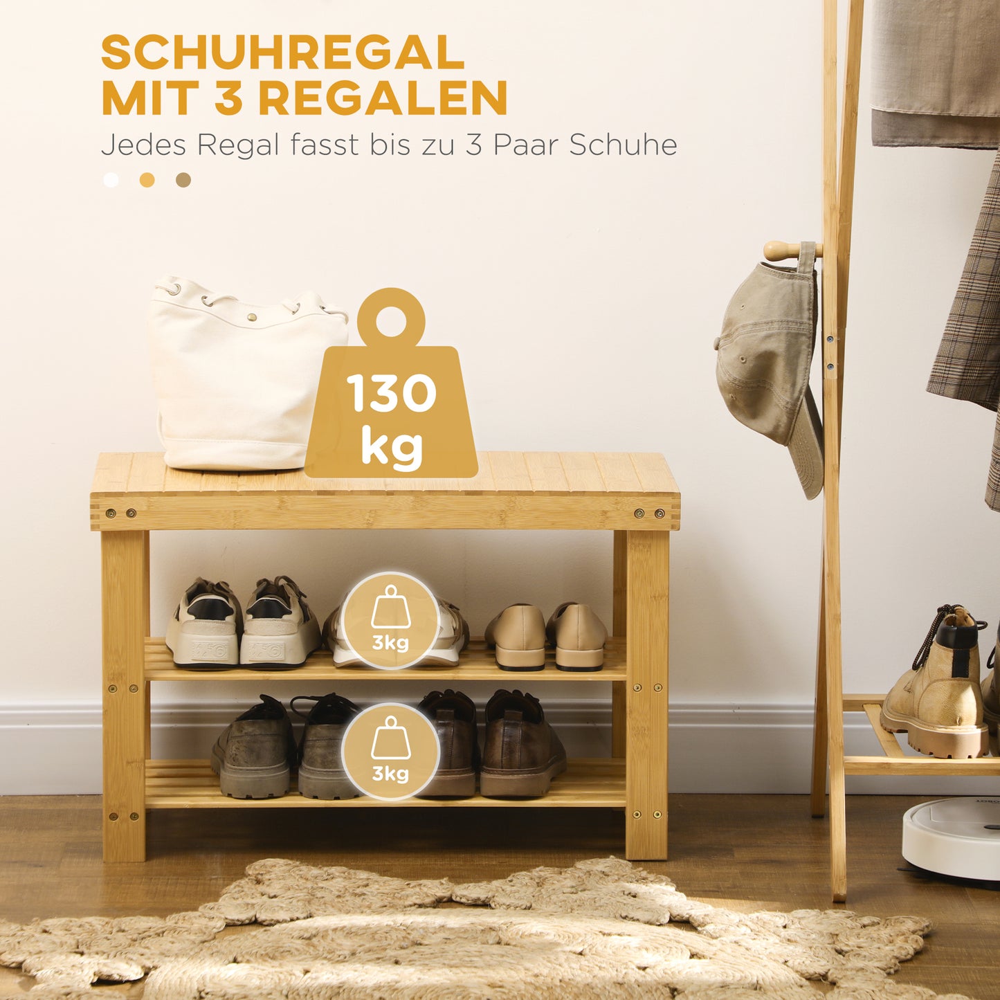 HOMCOM Schuhbank, 3 Etagen, Platz für 6-9 Paar Schuhe, bis 130 kg, Bambus, 70 x 28 x 45cm