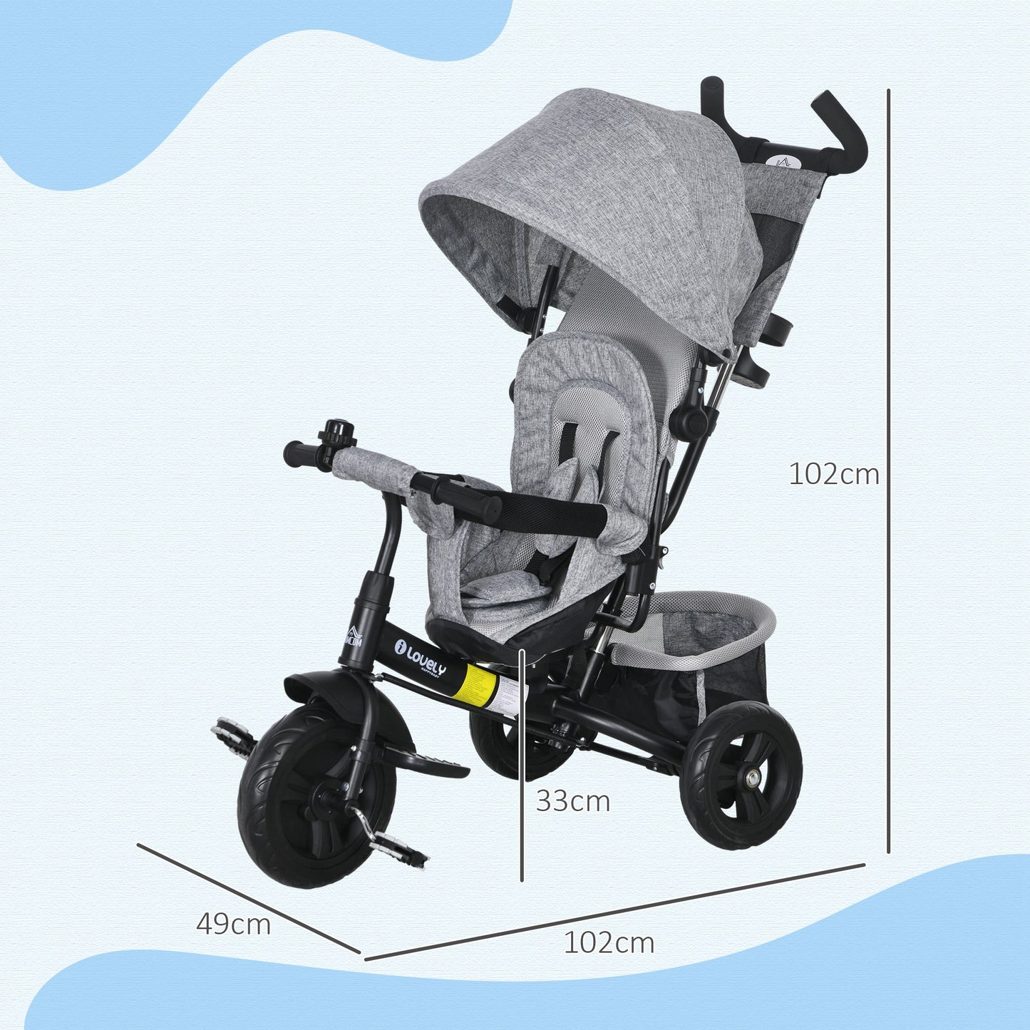 HOMCOM Kinder-Dreirad, Kinderfahrrad, Rückenkorb, Becherhalter, Sonnendach, Metall, Grau