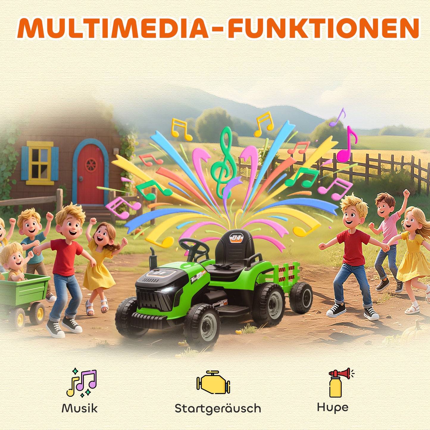 AIYAPLAY Elektrischer Kindertraktor, Aufsitz-Traktor mit Fernbedienung, Soft-Start, für Kinder im Alter von 3-8 Jahren, Grün