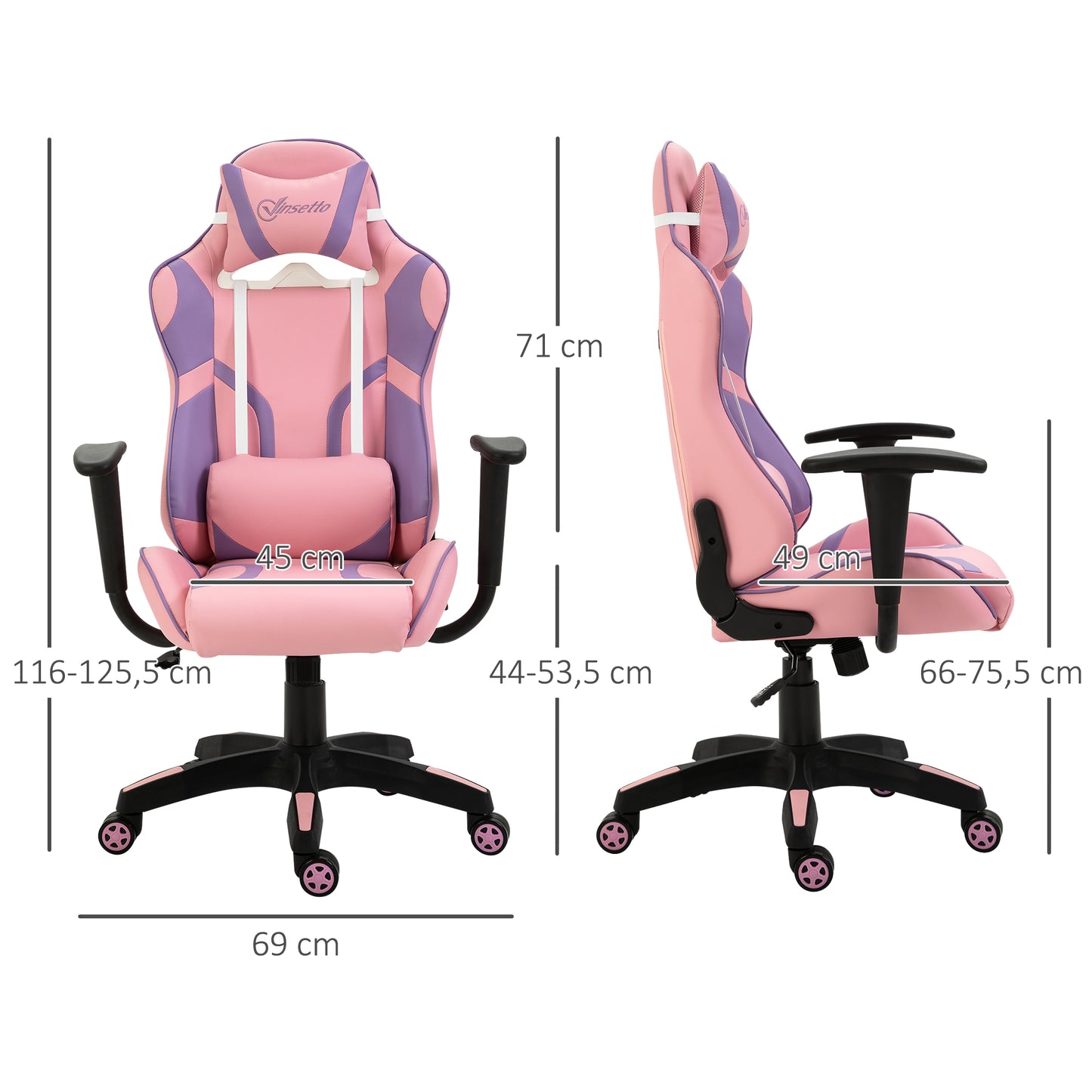 Vinsetto Ergonomischer Gaming Stuhl Bürostuhl Drehstuhl Verstellbares Massage Lendenkissen Höhenverstellbar Rosa&Violett 69x56x125,5 cm