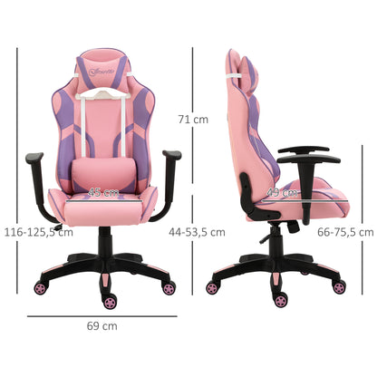 Vinsetto Ergonomischer Gaming Stuhl Bürostuhl Drehstuhl Verstellbares Massage Lendenkissen Höhenverstellbar Rosa&Violett 69x56x125,5 cm