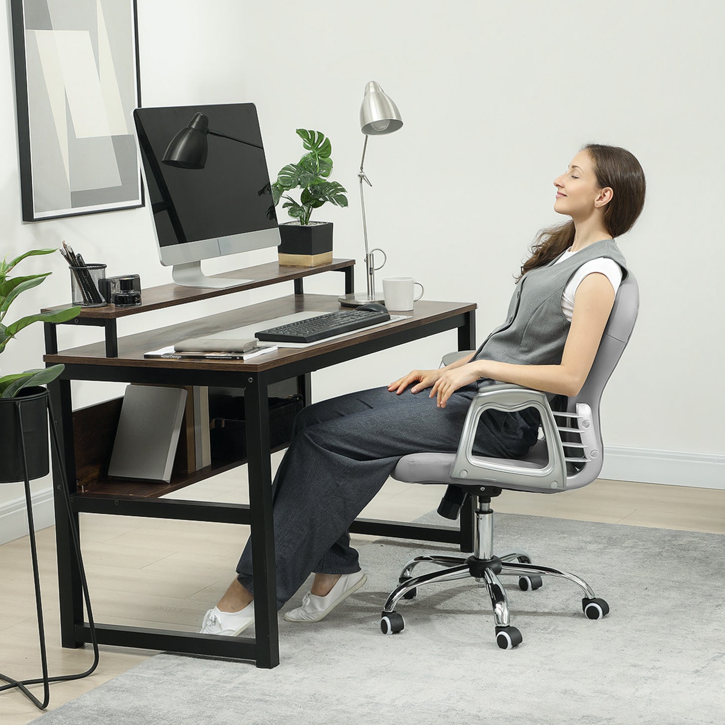 Vinsetto Bürostuhl, Ergonomisch Schreibtischstuhl mit Armlehne, Gepolsterter Rückenlehne Hellgrau