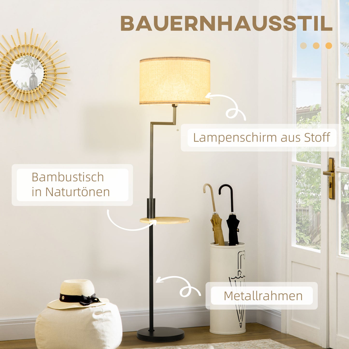 HOMCOM Stehleuchte inkl. Regal, Standleuchte, Kettenzug, E 27, 40 W, Bambus, Natur + Schwarz