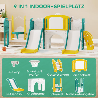 AIYAPLAY 9-in-1 Rutschen- und Schaukelset für Kleinkinder, mit Basketballkorb, Teleskop, Zeichenbrett, Frosch-Design, Gelb+Grün