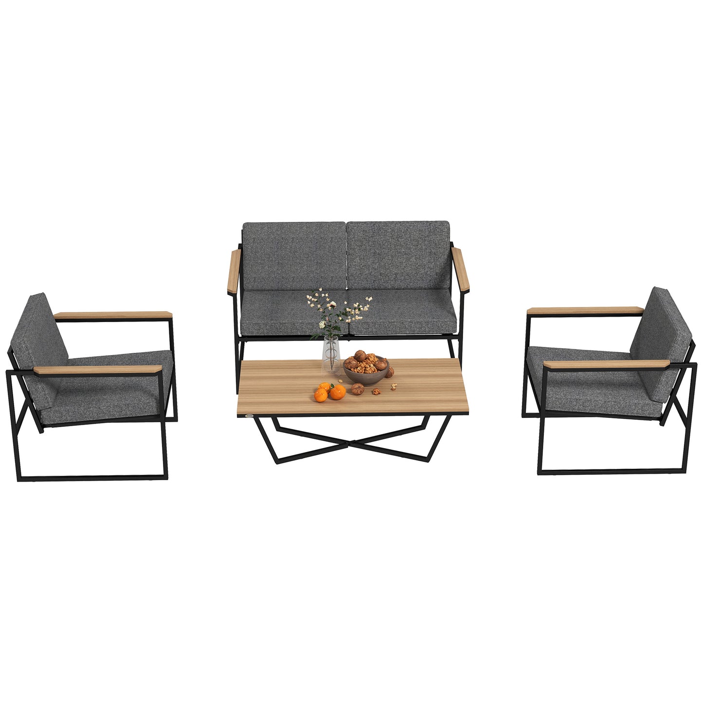 Outsunny Gartenmöbel Set 4 Personen wetterfest Balkonmöbel-Set mit 2er Sofa, 2 Stühle Sitzkissen Beistelltisch Grau