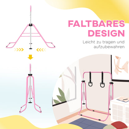 HOMCOM Kinder-Turnbarren mit Ringen, höhenverstellbar, klappbar, rutschfest, Stahlrahmen, 148x105x88-128 cm, Pink