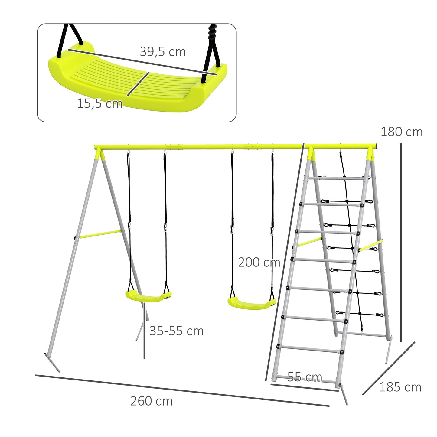 Outsunny Kinderschaukel-Set, mit Kletternetz und Sprossenleiter, für Kinder 3-8 Jahre, Stahlgestell, Grün