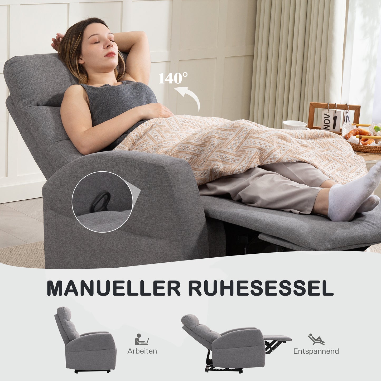 HOMCOM Verstellbarer Relaxsessel mit Fußstütze, Moderner Polstersessel, Dunkelgrau