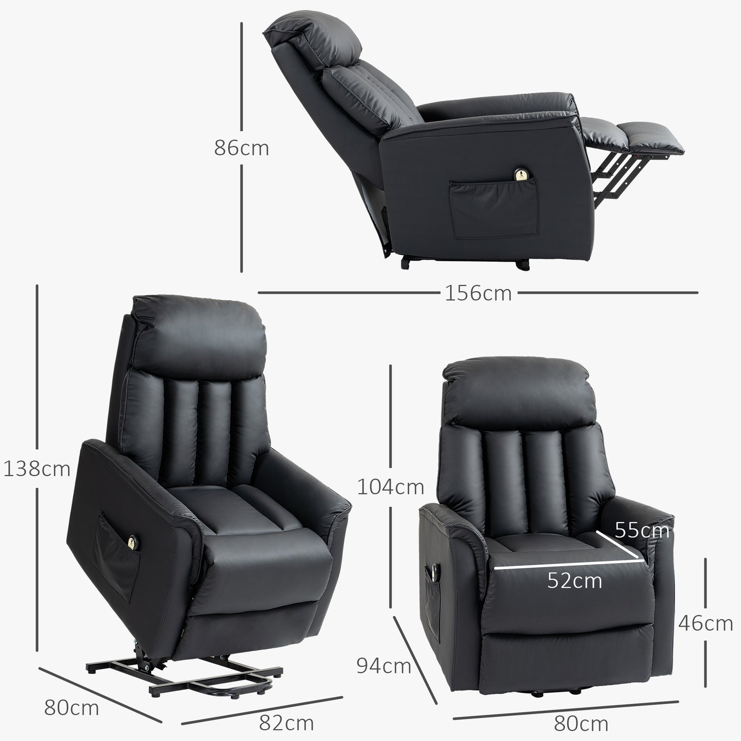 HOMCOM Elektrischer Aufstehsessel, Fernsehsessel, Sessel mit Aufstehhilfe, Liegefunktion, Kunstleder, 80 x 94 x 104 cm, Schwarz