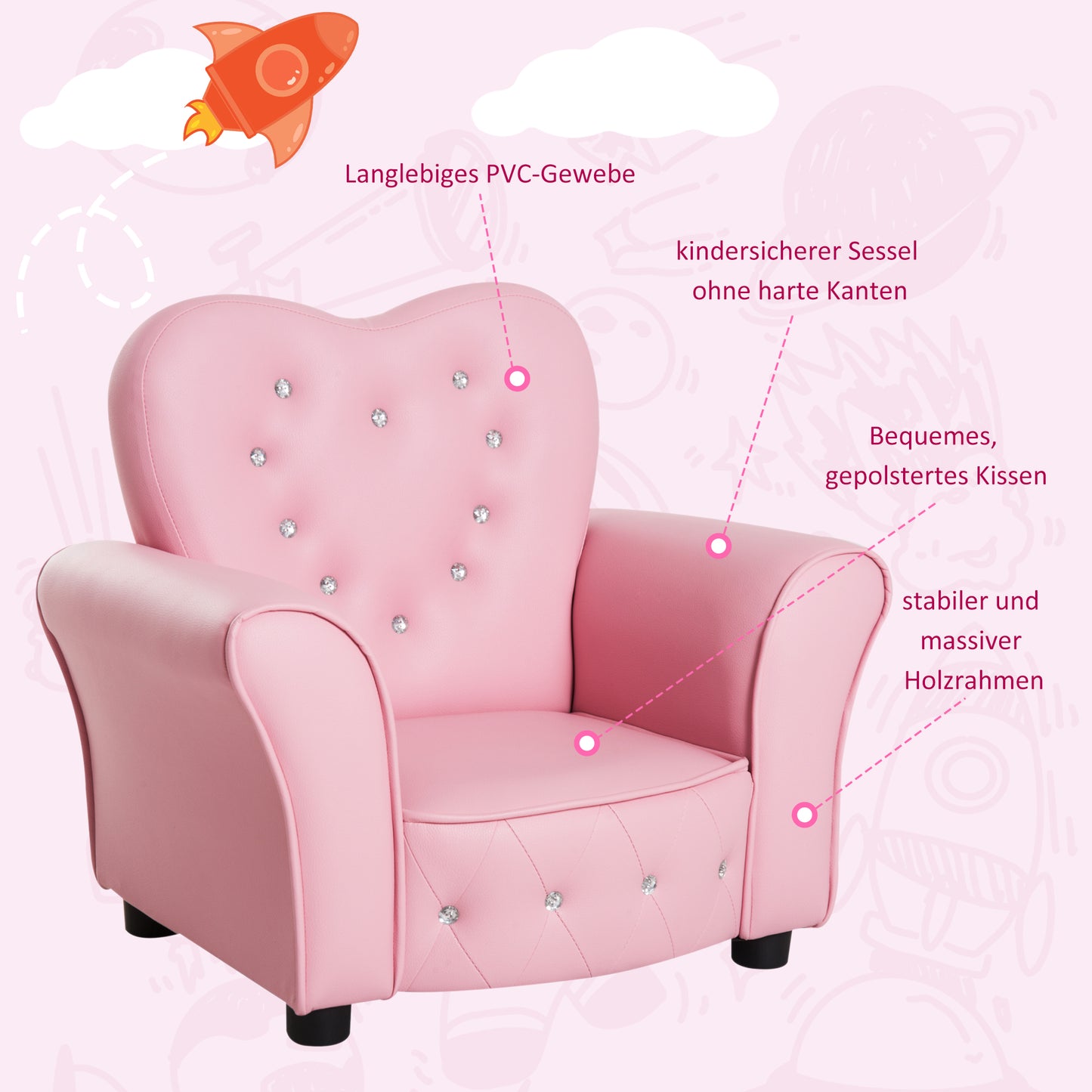 HOMCOM Kindersessel Kindersofa, massiven Holzfüßen Sessel aus Schaumstoff Kinderstuhl für Kinderzimmer, Spielzimmer, 59 x 41,5 x 49 cm, für Kinder 1,5-3 Jahre Rosa