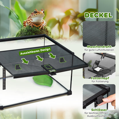 PawHut Reptilienbox Terrarium, inkl. Streifenthermometer, Fütterungsklappen, 50 cm x 30 cm x 25 cm, Glas + Metall, Schwarz