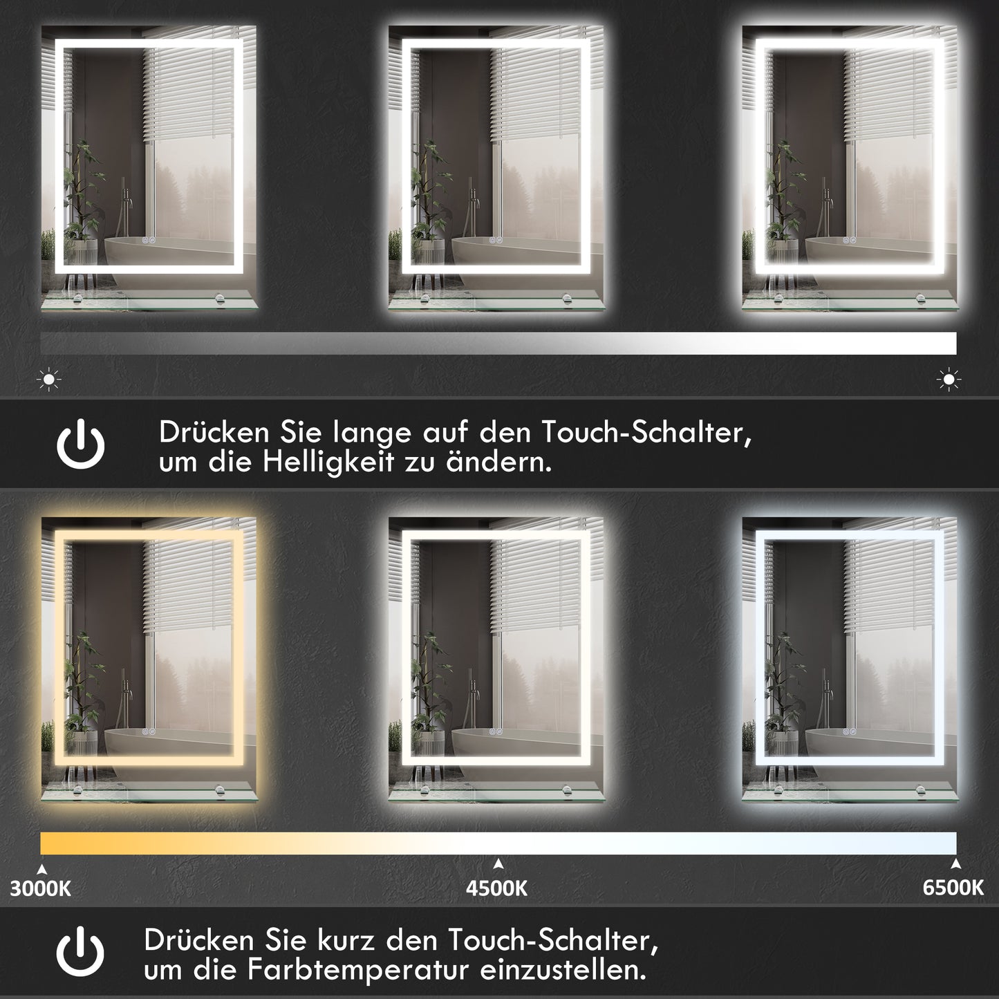 kleankin Badezimmerspiegel mit LED-Beleuchtung, 3 Lichtfarben, Antibeschlag-Funktion, verkabelt, 70 x 50 cm