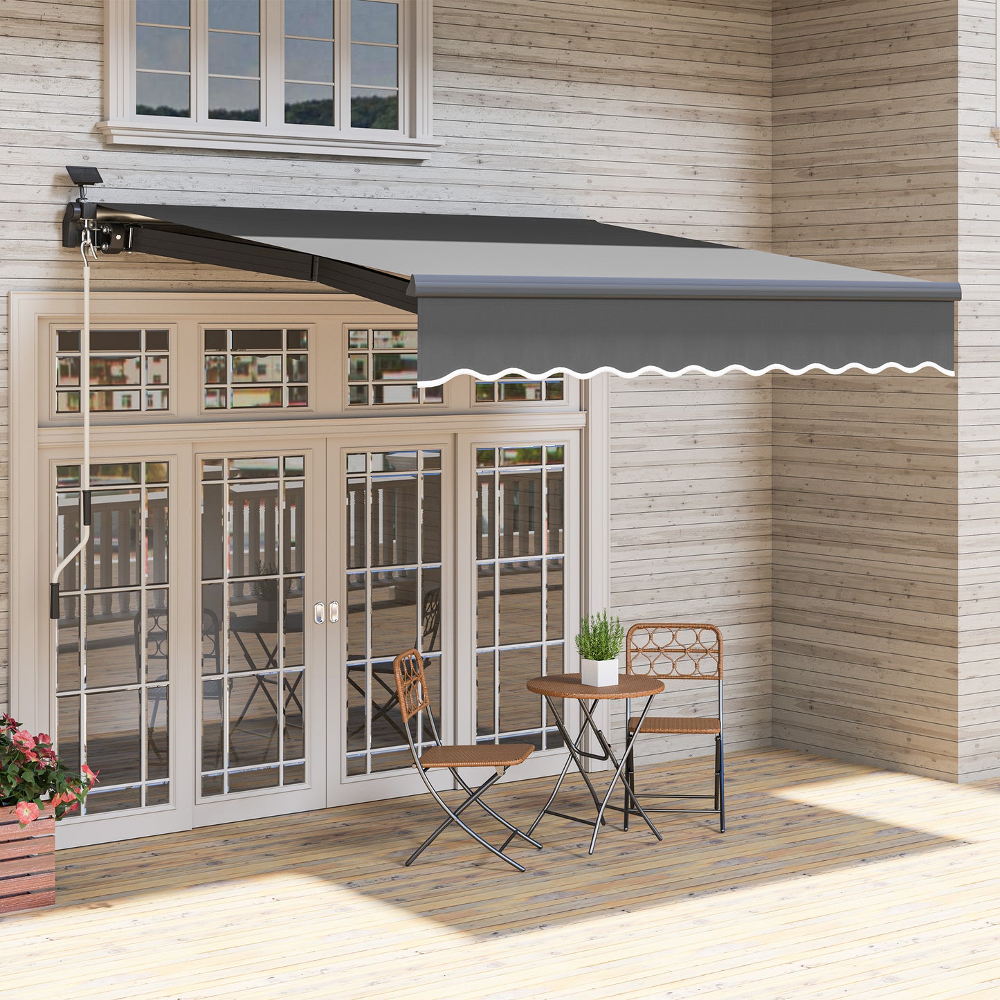 Outsunny Klemmmarkise mit Handkurbel Solar-Lichte Gelenkarmmarkise Markise Sonnenschutz UV 50+ 300 cm breit Grau