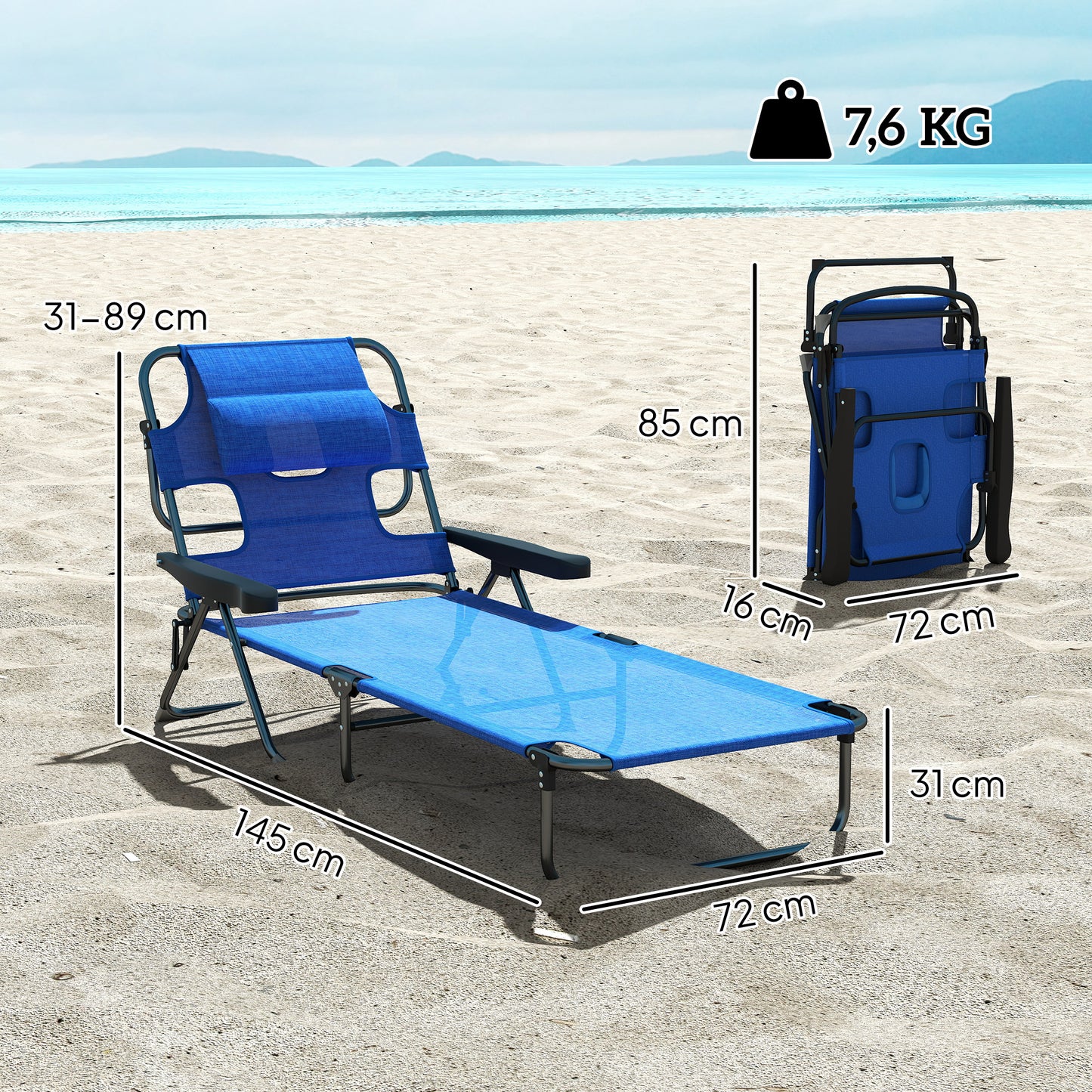 Outsunny Sonnenliege Gartenliegen Relaxliege, klappbar, wetterbeständig, 194 cm x 72 cm x 31 cm, Schwarz + Dunkelblau