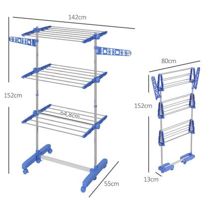 HOMCOM Wäschenständer Wäschetrockner. 4 Ebenen, klappbar, One-Klick-System, 142 cm x 55 cm x 152 cm Blau + Silber