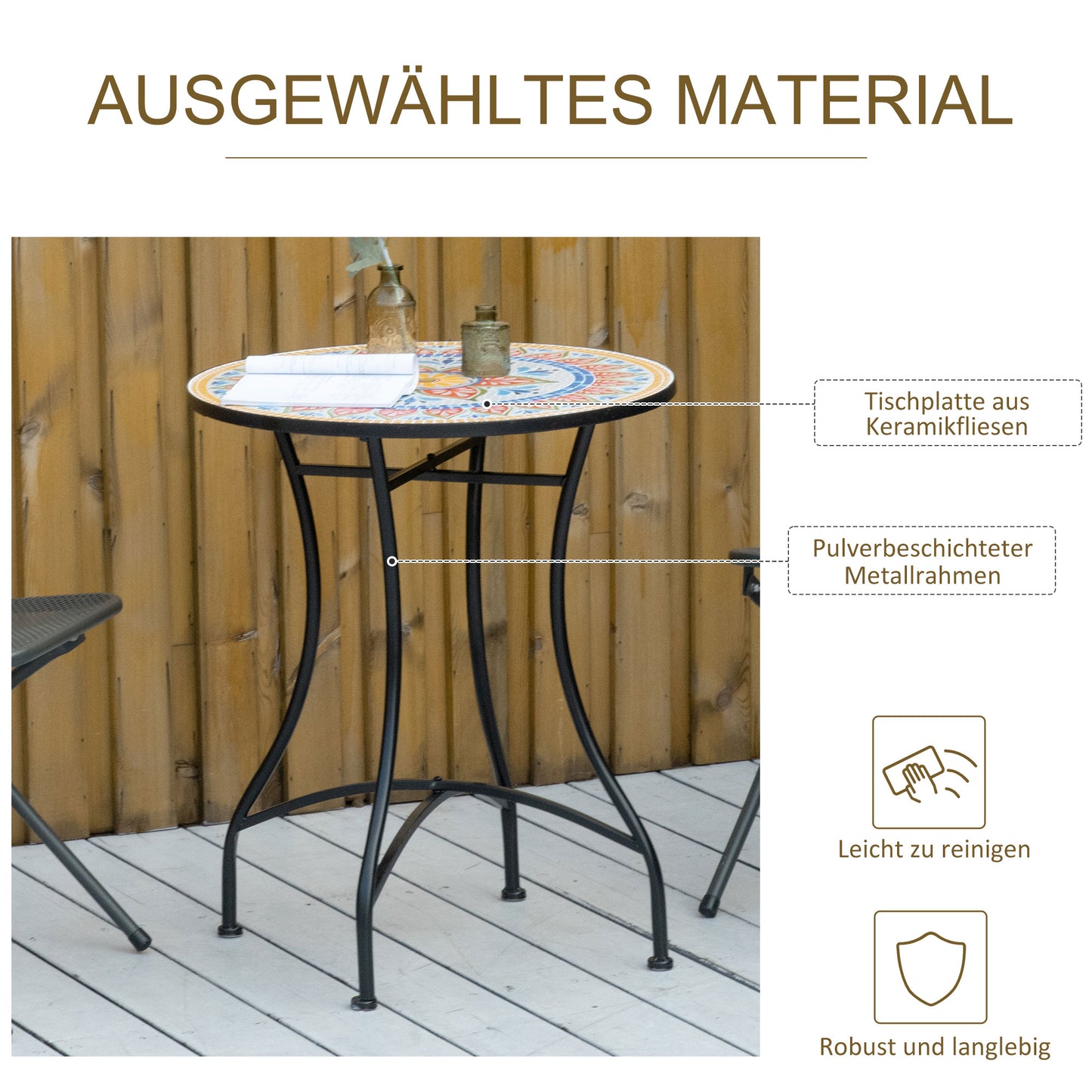 Outsunny Gartentisch Ø60 cm, Wetterfest Balkontisch aus Metall, Esstisch Outdoor, Campingtisch Beistelltisch, rund Terrassentisch für Garten Terrasse Balkon Rot+Blau+Weiß