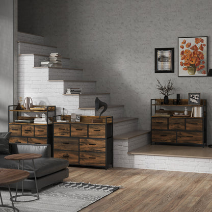 HOMCOM Kommode, Sideboard mit 7 Stoffschubladen, Industrial Design, Stahlrahmen, 98x29x85cm, Braun/Schwarz