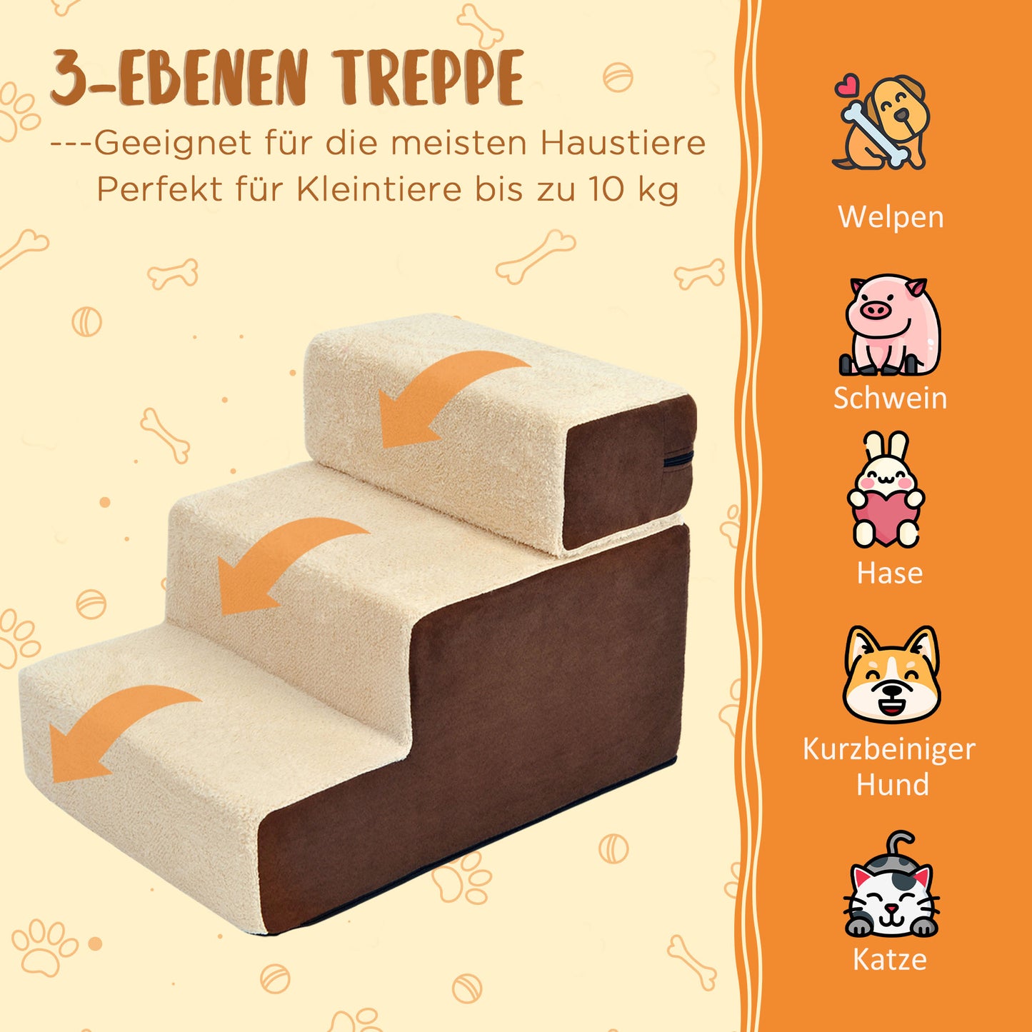 PawHut Haustiertreppe Hundetreppe Katzentreppe 3 Stufen für Katzen und Hunde Plüsch Beige 54 x 40 x 39cm