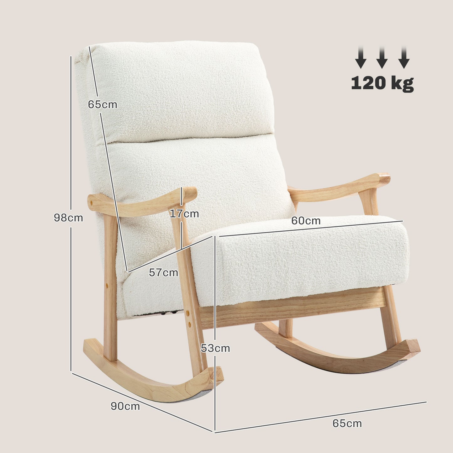 HOMCOM Schaukelstuhl، Stoffbezug in Samtoptik، Ergonomische Rückenlehne، 120 كجم Belastbarkeit، 65B x 90T x 98H سم، Cremeweiß