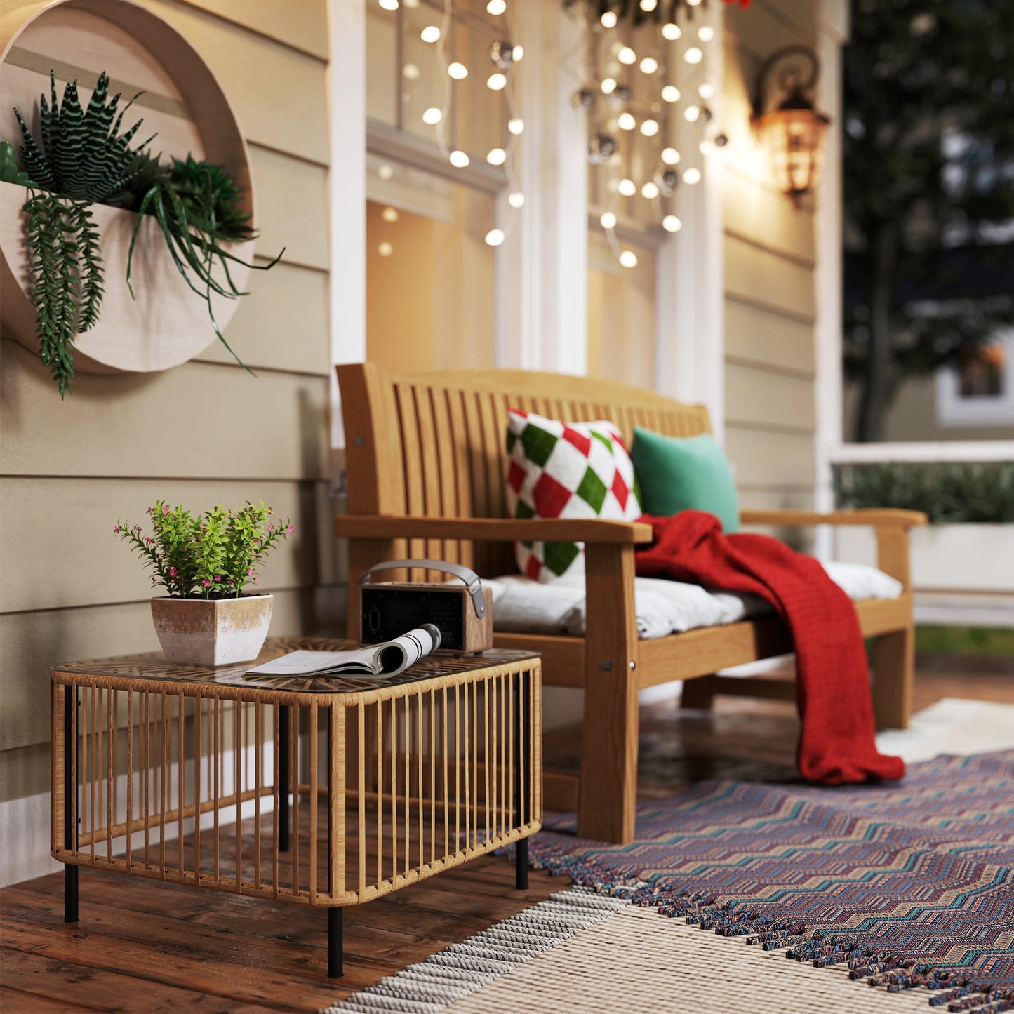 Outsunny Polyrattan Gartentisch, 65 x 65 x 43 cm, wetterfest Beistelltisch quadrarisch mit Glasplatte Naturholz