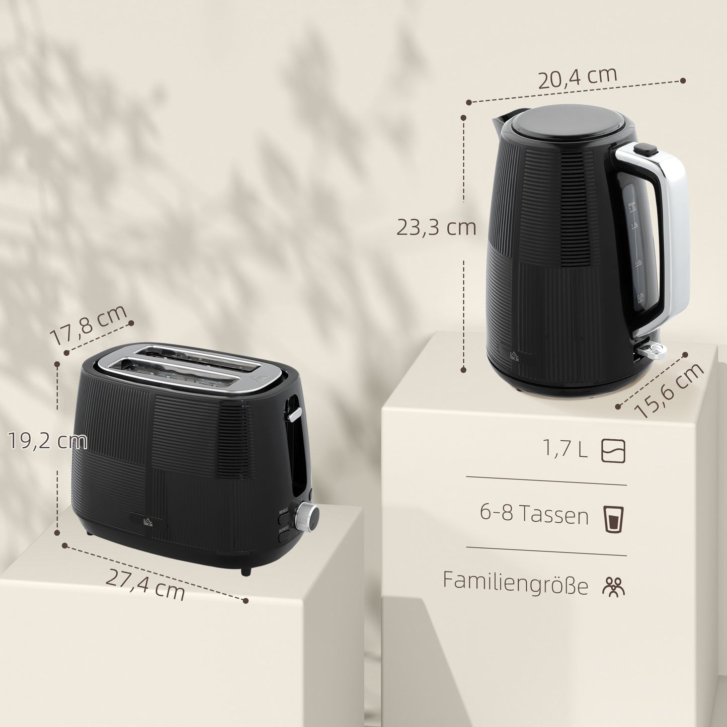 HOMCOM Wasserkocher- und Toaster-Set, 1,7 L, verschiedene Funktionen, Edelstahl, Schwarz