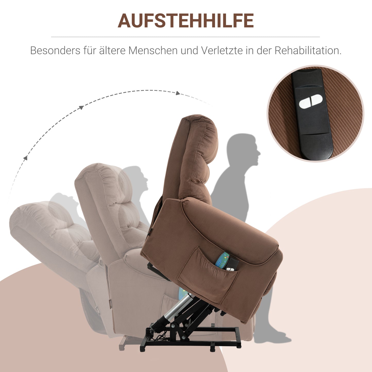 HOMCOM Fernsehsessel mit Aufstehhilfe Elektrisch, Massagesessel mit Liegefunktion und Wärmefunktion, Relaxsessel mit Fernbedienung und Seitentasche Verstellbar Polyester-Gewebe Braun
