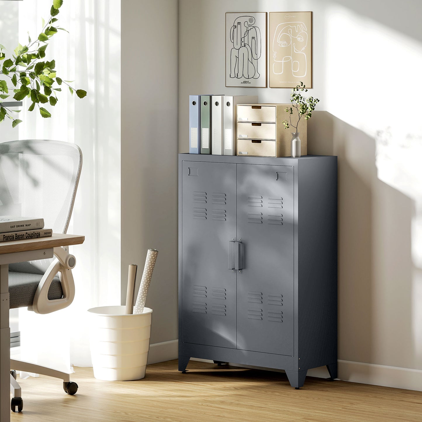 HOMCOM Aktenschrank mit Lamellentüren, Lagerschrank, Metallschrank mit 2 verstellbaren Einlegeböden, 75 x 33 x 110 cm, Grau
