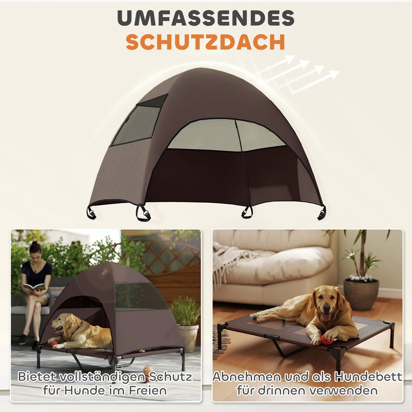 PawHut Hundeliege Outdoor mit Dach, Erhöhtes Hundebett für Große Hunde, 91 x 76 x 90 cm, Kaffee