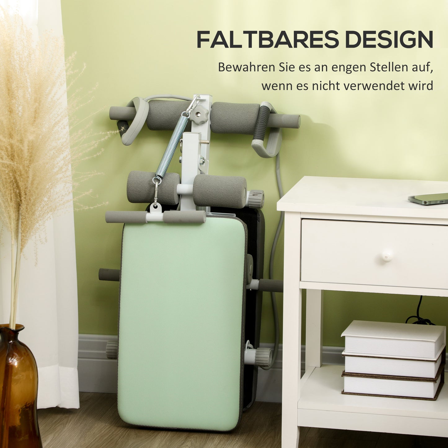 SPORTNOW Trainingsbank, Bauchtrainer, höhenverstellbar, klappbar, 2 Widerstandsbänder, Stahl, grün, 51 x 137 x 50-66 cm