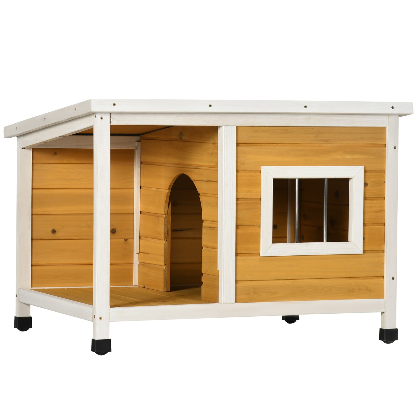 PawHut Hundehütte mit Veranda, aufklappbares Dach, Fenster, verstellbare Füße, Naturholz, orange, 85,5 x 62 x 60 cm