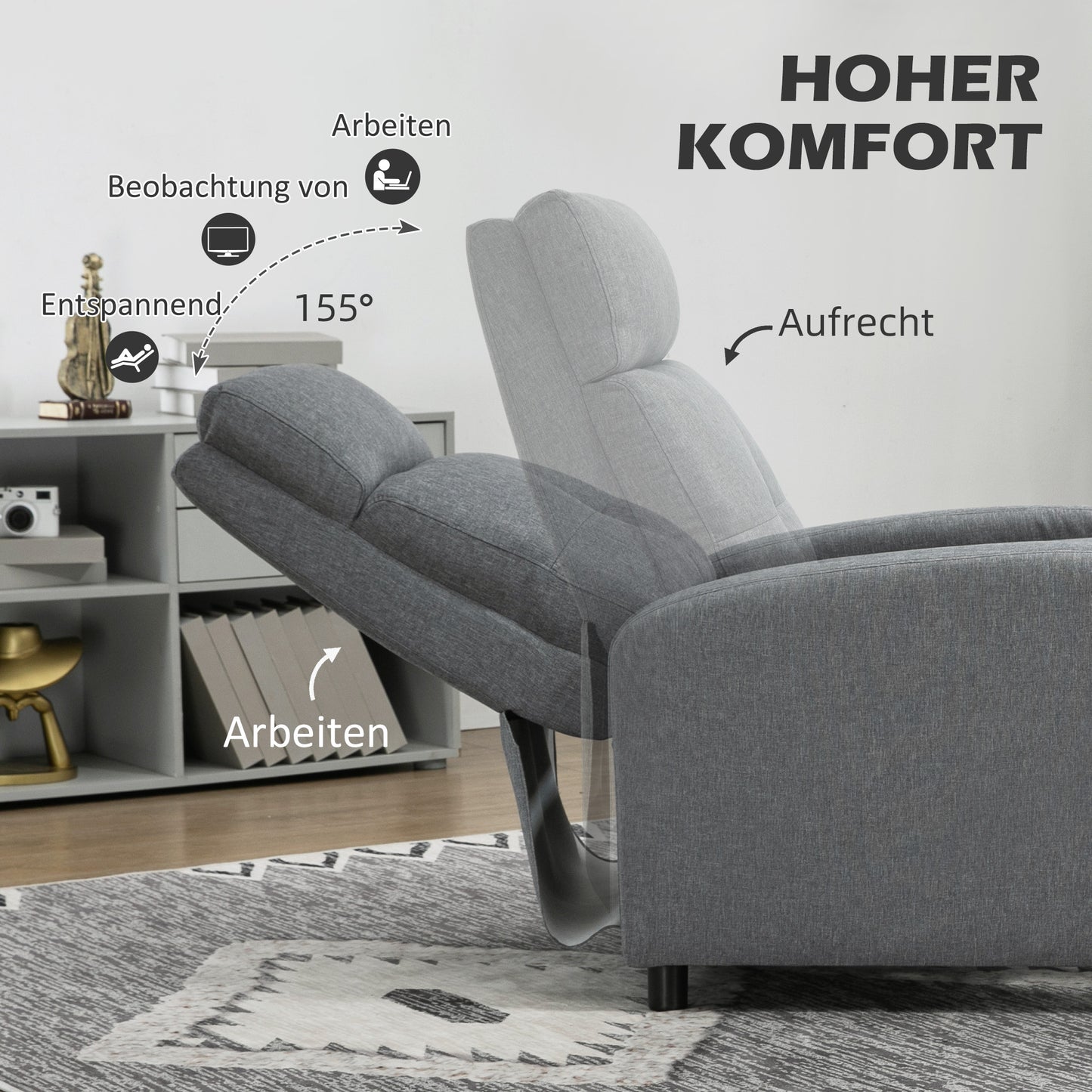 HOMCOM Relaxsessel mit Liegefunktion, ausfahrbares Fußteil, Taschenfederkern, bis 150 kg, Grau