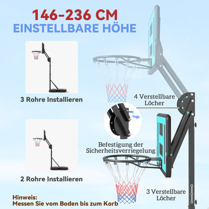 SPORTNOW Basketballkorb, 146-236 cm höhenverstellbar, Basketballständer, rollbar, Stahl, Kunststoff, Schwarz
