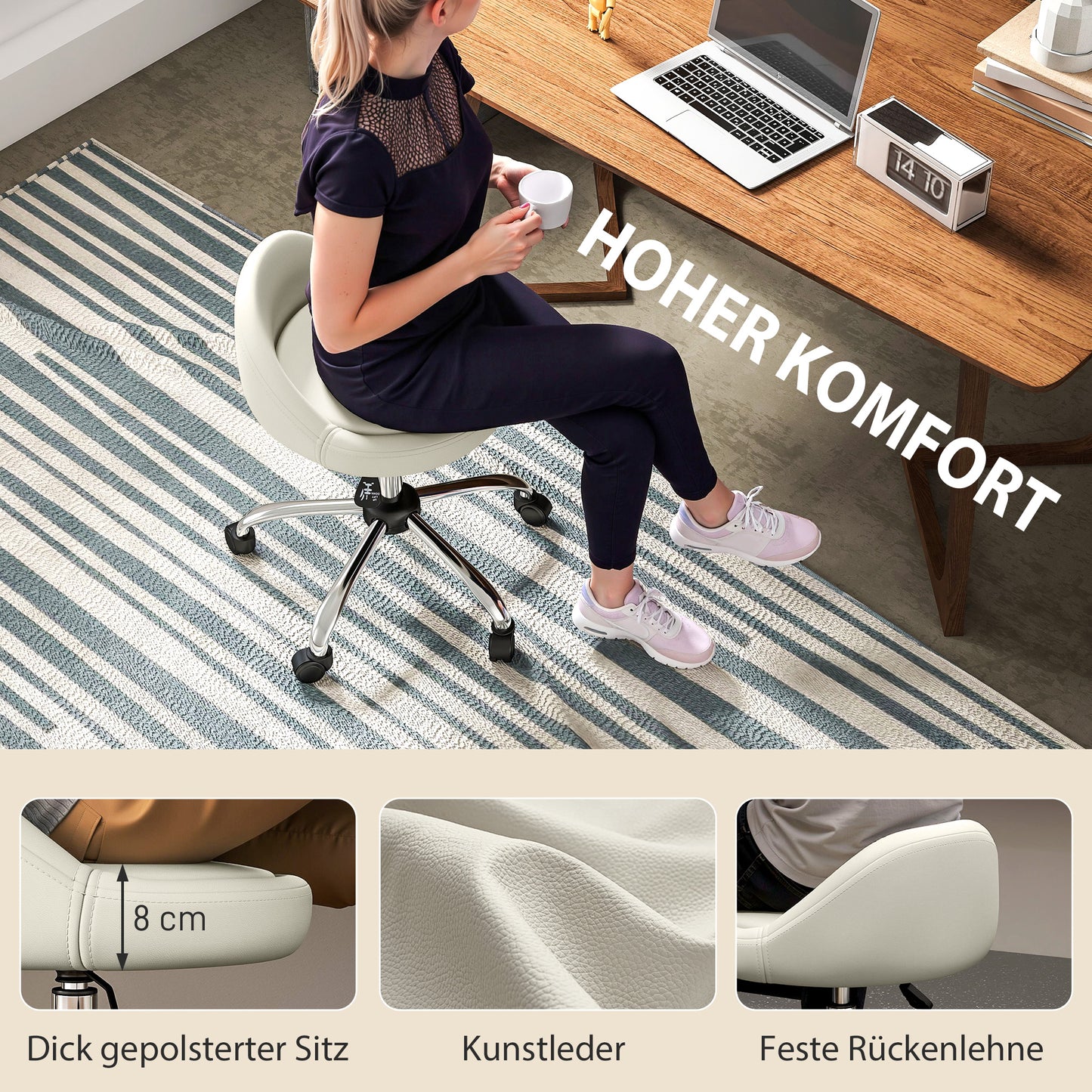HOMCOM Arbeitshocker Drehhocker Rollhocker, höhenverstellbar, drehbare Sitzfläche, 50cm x 50 cm x 83 cm, Weiß