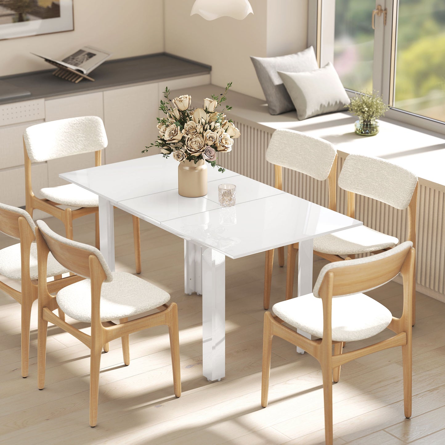 HOMCOM Ausziehbarer Esstisch, 120-160 x 70 cm, verstellbarer Küchentisch für 4-6 Personen, MDF, Hochglanzweiß