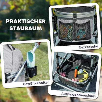 PawHut Hundewagen 3 in 1 Hundebuggy klappbar für Katzen bis 10 kg Katzenbuggy mit Kissen Becherhalter Hellgrau
