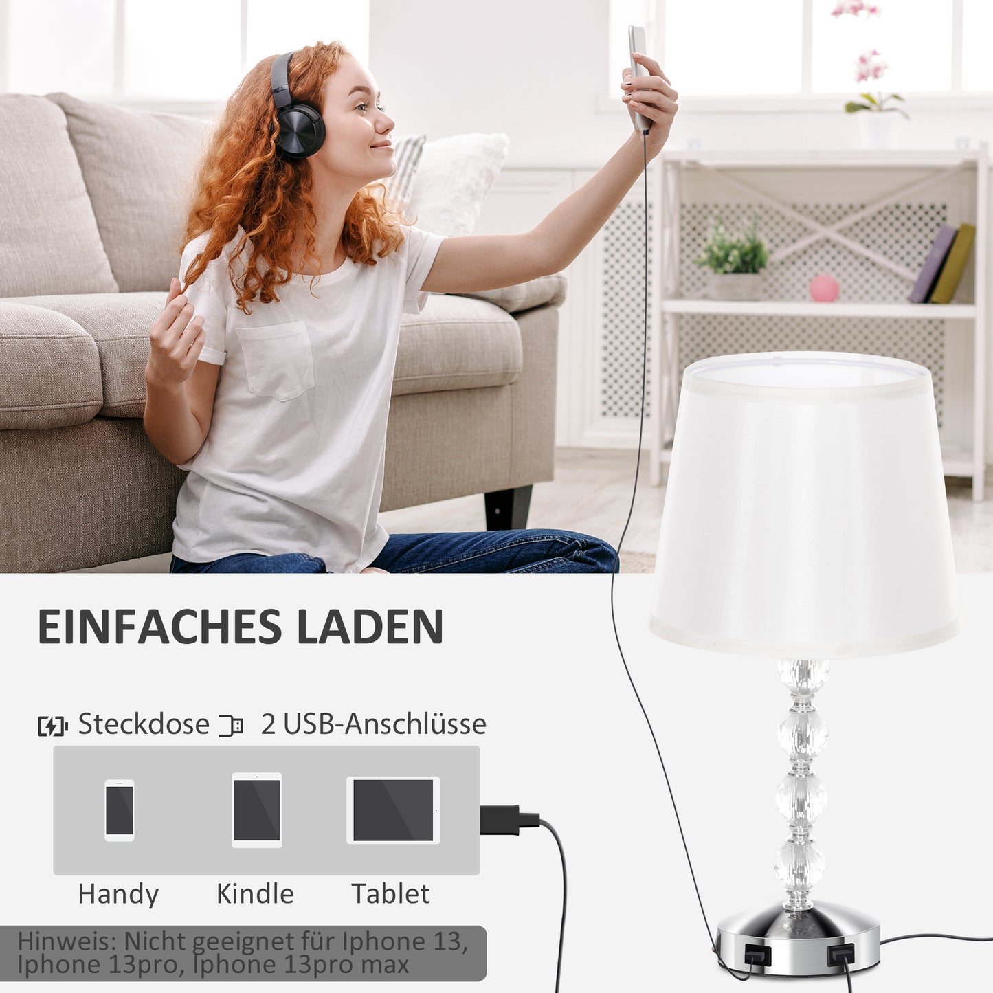 HOMCOM Kristall-Tischleuchte, Touch-Schalter, USB-Ladeanschluss, Ø23x45 cm, Silber
