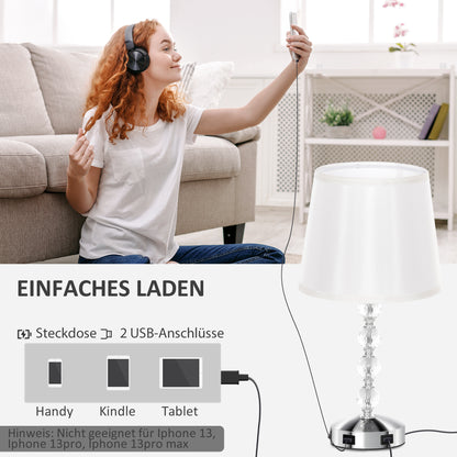 HOMCOM Kristall-Tischleuchte, Touch-Schalter, USB-Ladeanschluss, Ø23x45 cm, Silber