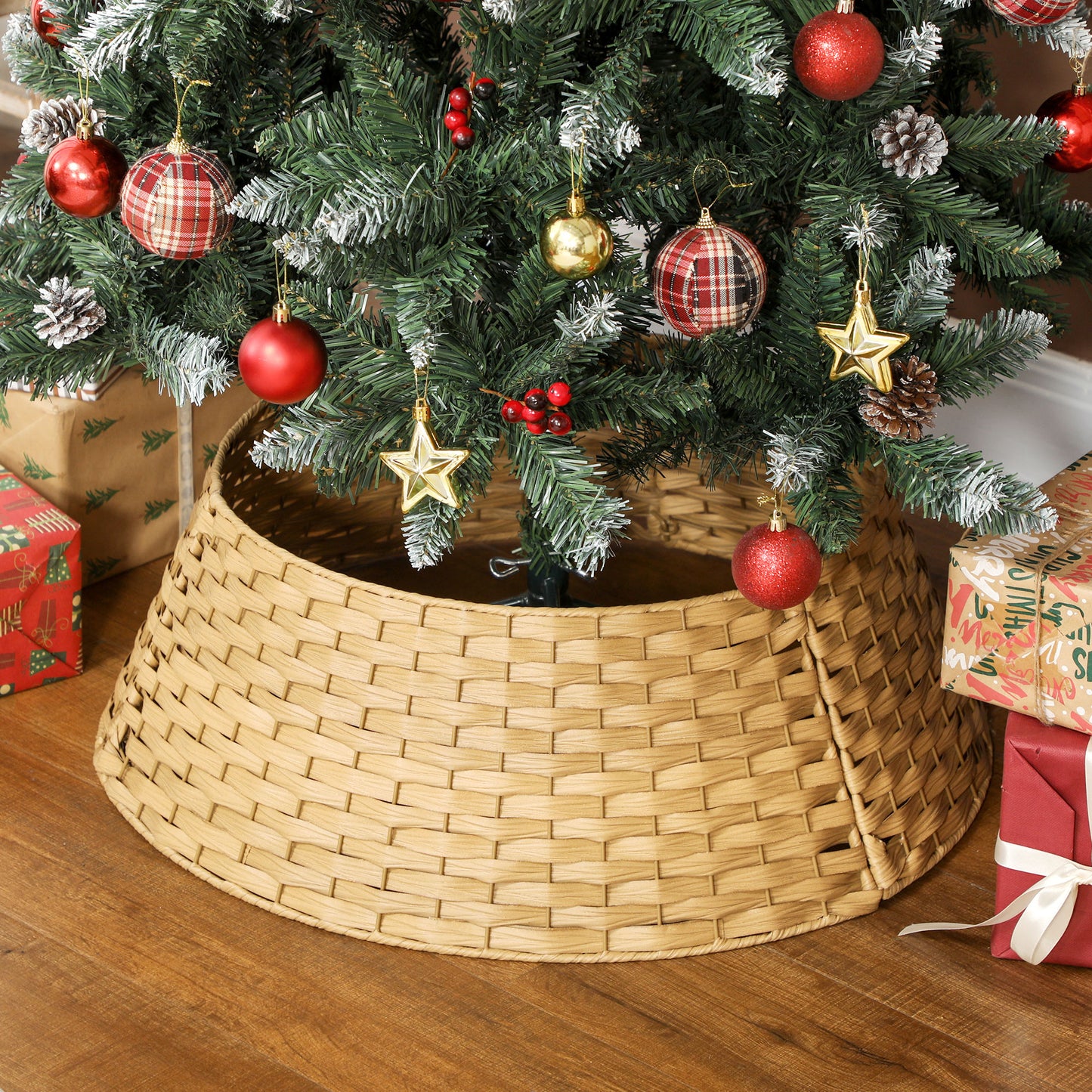 HOMCOM Weihnachtsbaumrock, Ø 68cm Weihnachtsbaum Kragen aus Kunststoff, für den Christbaum Ständer, Weihnachtsbaumständer Abdeckung für Zuhause, Party, Dekoration, Naturholz