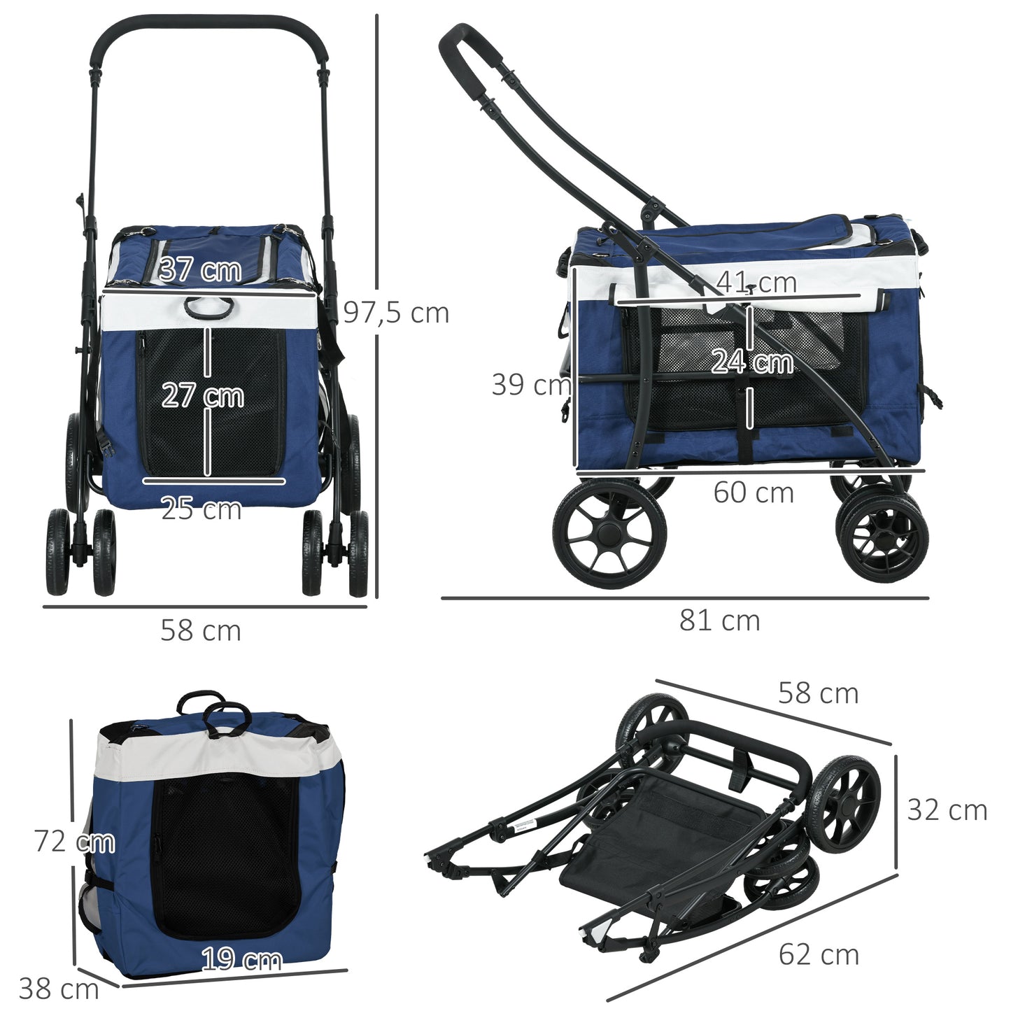 PawHut Hundbuggy Haustierbuggy Haustiertransporter bis 10kg klappbar verstellbare Trageriemen abnehmbarer Korb 81 x 58 x 97,5 سم شوارز + بلاو + فايس