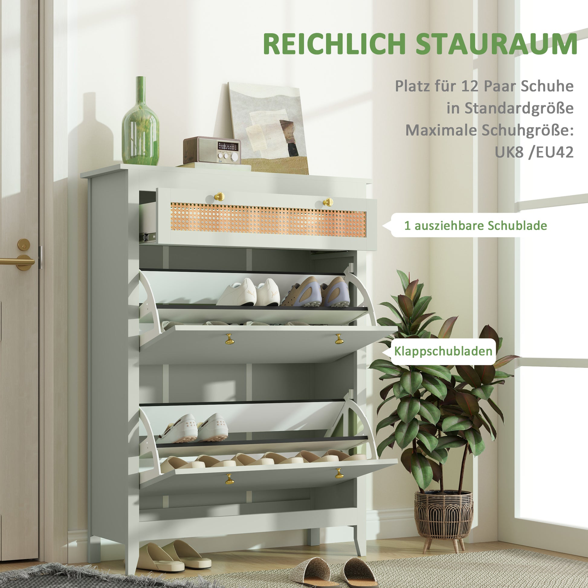 HOMCOM Schuhschrank für 12 Paar Schuhe, mit 1 ausziehbaren Schublade, 2 Flip-Schubladen, Schuhkommode, 88 x 30 x 120 cm, Grün